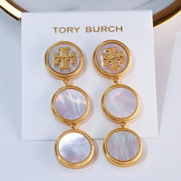 🔹️Tory Burch🔹️ Triple Drop Semiprecious Button Mother of Pearl clip on earing - Picture 1 of 3
